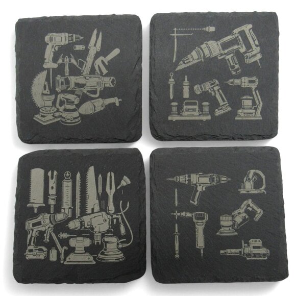 COASTERS TOOL Themed Personalizable Black Slate Set Of 4 Hand Tools Customizable - Picture 1 of 7